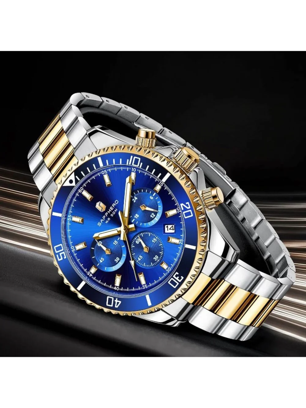 Men's Gold Silver Strap Blue Chronograph Stainless Steel Waterproof Wrist Watch